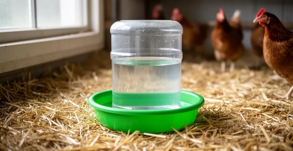 Abreuvoir poule avec réservoir transparent montrant le niveau d'eau