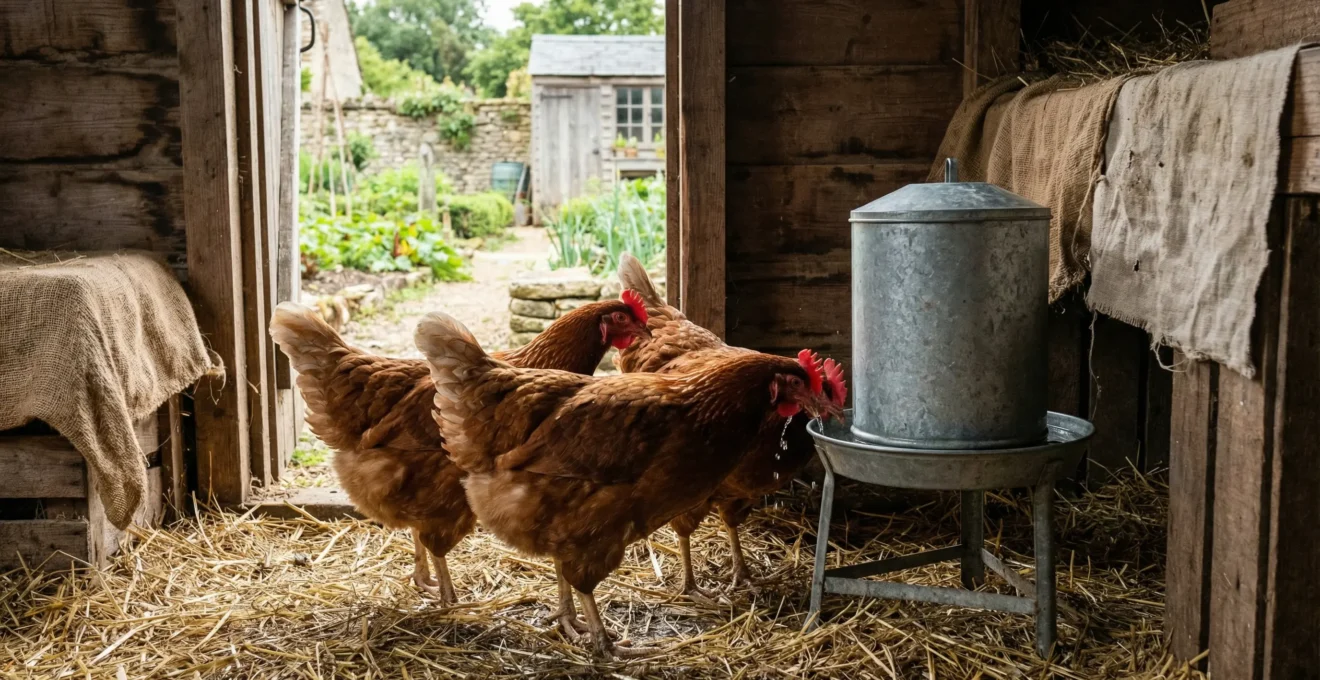 Poules rousses buvant à un abreuvoir galvanisé dans un poulailler ensoleillé