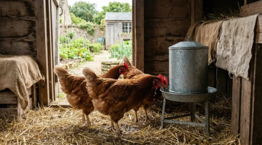 Poules rousses buvant à un abreuvoir galvanisé dans un poulailler ensoleillé