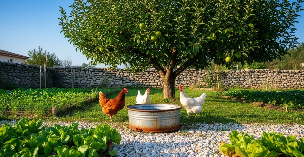 Poules pondeuses à l'ombre d'un arbre près d'un abreuvoir galvanisé en été