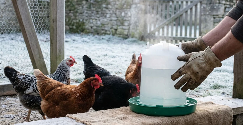 Poules pondeuses à l'ombre d'un arbre près d'un abreuvoir galvanisé en été