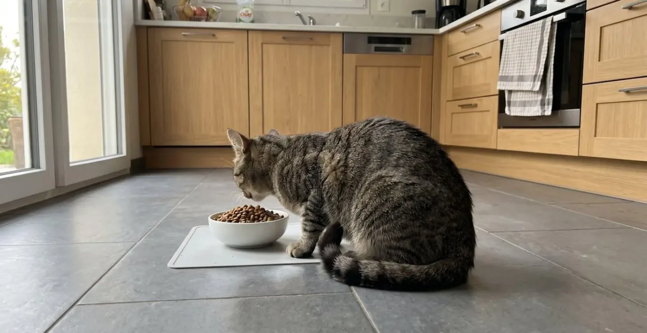 Un chat européen tigré mange des croquettes dans une gamelle blanche posée sur le carrelage d'une cuisine contemporaine, photographié de trois-quarts arrière