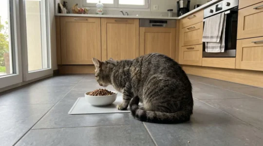 Un chat européen tigré mange des croquettes dans une gamelle blanche posée sur le carrelage d'une cuisine contemporaine, photographié de trois-quarts arrière