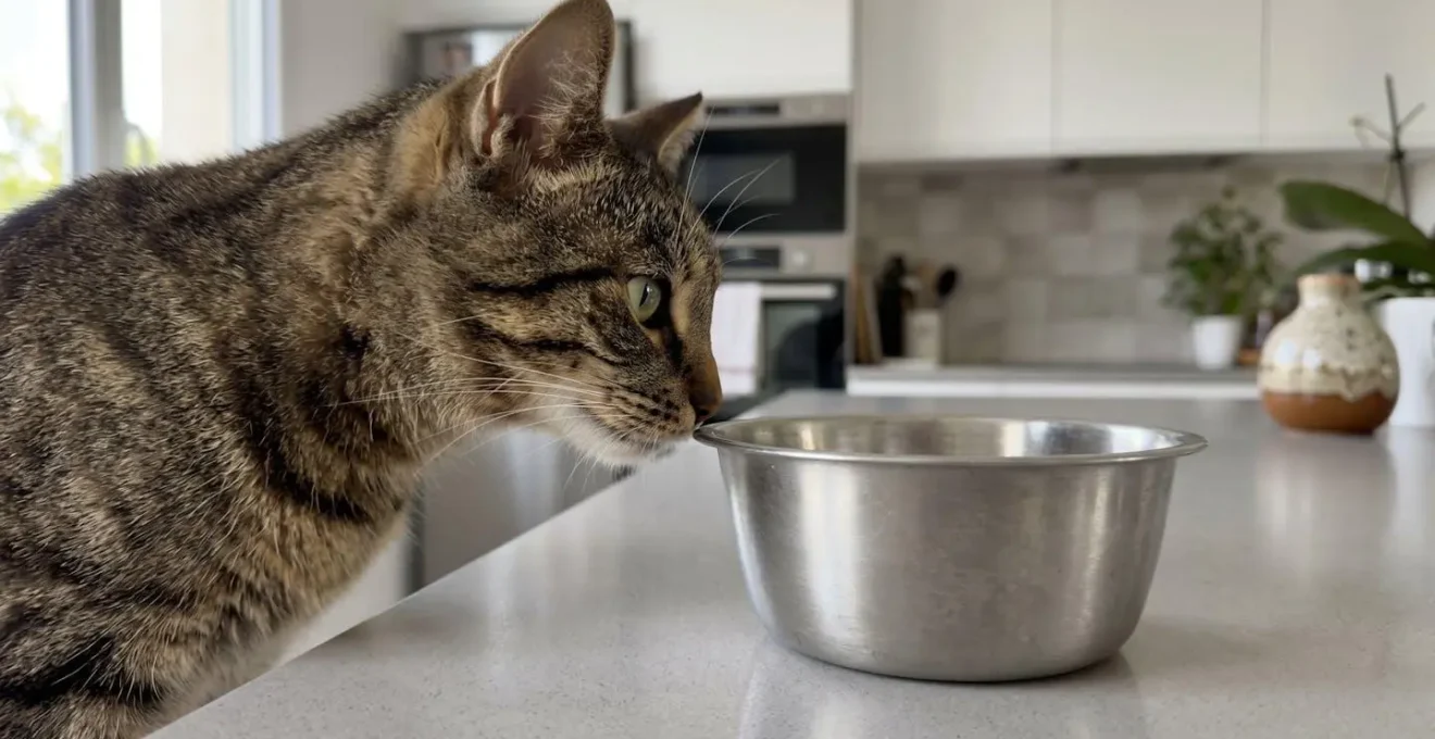 Un chat tigré aux yeux verts renifle attentivement le bord supérieur d'une gamelle en acier inoxydable avant de manger, moustaches bien déployées, photographié de profil gauche
