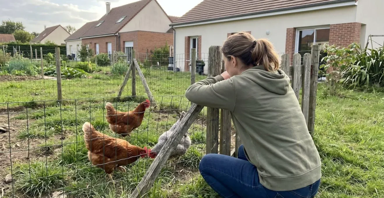 Personne observant de dos quatre poules qui grattent naturellement le sol herbeux d'un parcours extérieur clôturé