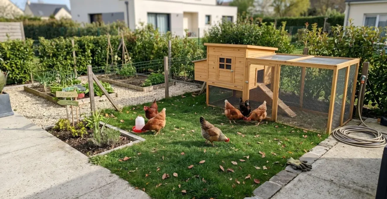 Petit jardin français contemporain avec poulailler compact en bois et parcours herbeux clôturé où quatre poules picorent librement