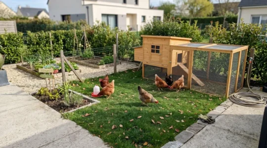 Petit jardin français contemporain avec poulailler compact en bois et parcours herbeux clôturé où quatre poules picorent librement