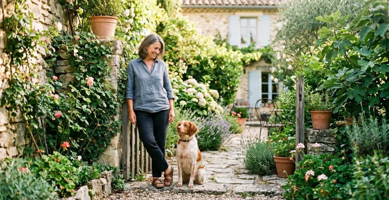 Chien assis au côté de son propriétaire dans un jardin, bien éduqué et attentif