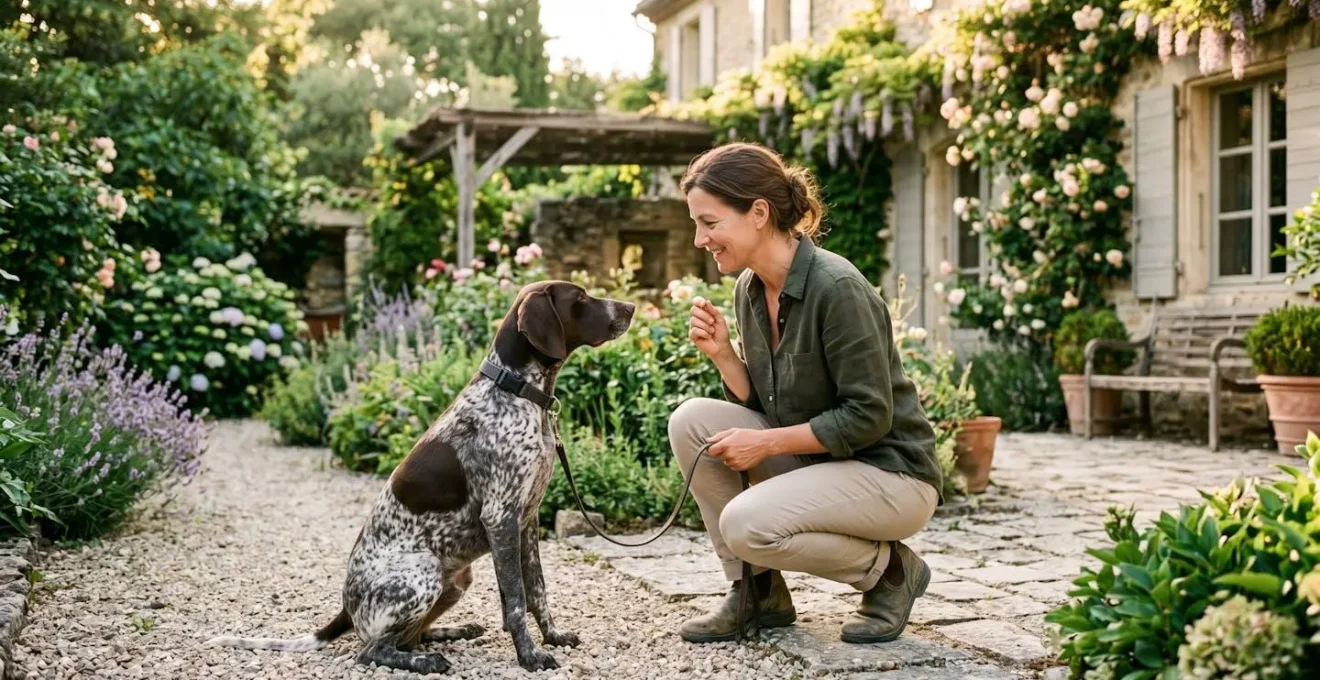 Femme donnant un ordre à son chien lors d'une séance de dressage avec collier vibratoire en extérieur