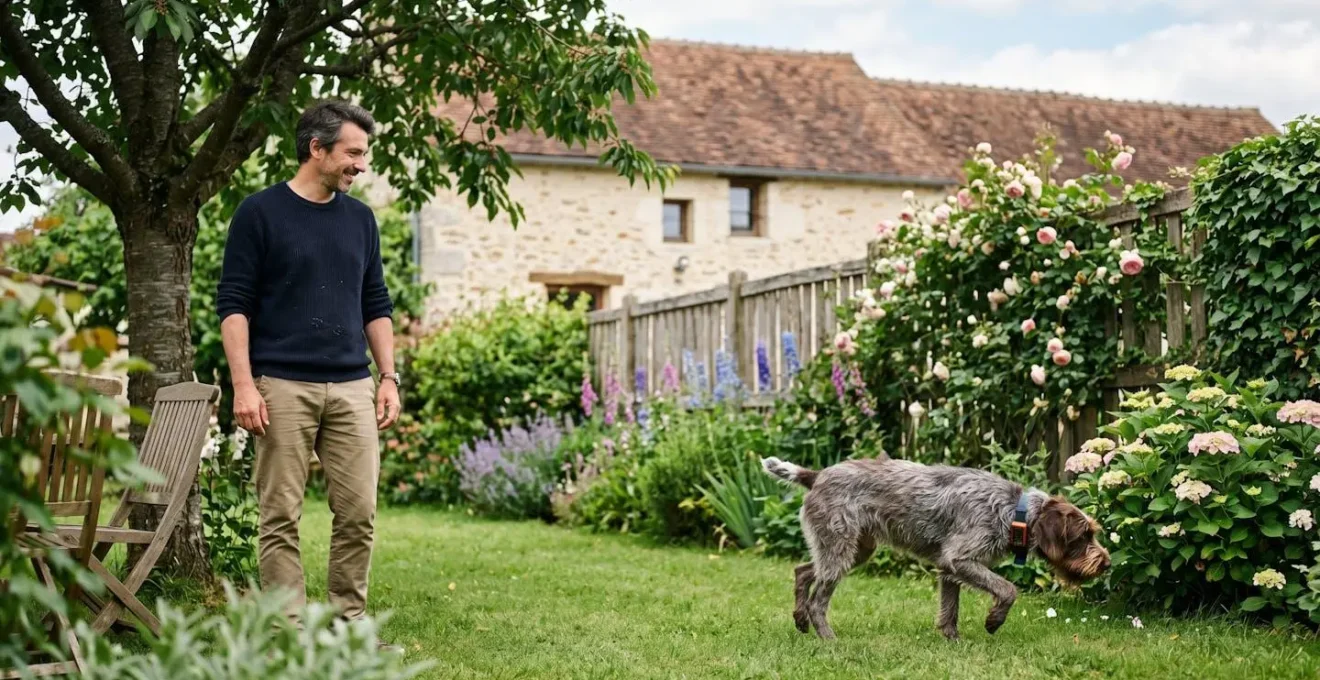 Propriétaire observant son chien équipé d'un collier GPS dans un jardin clôturé
